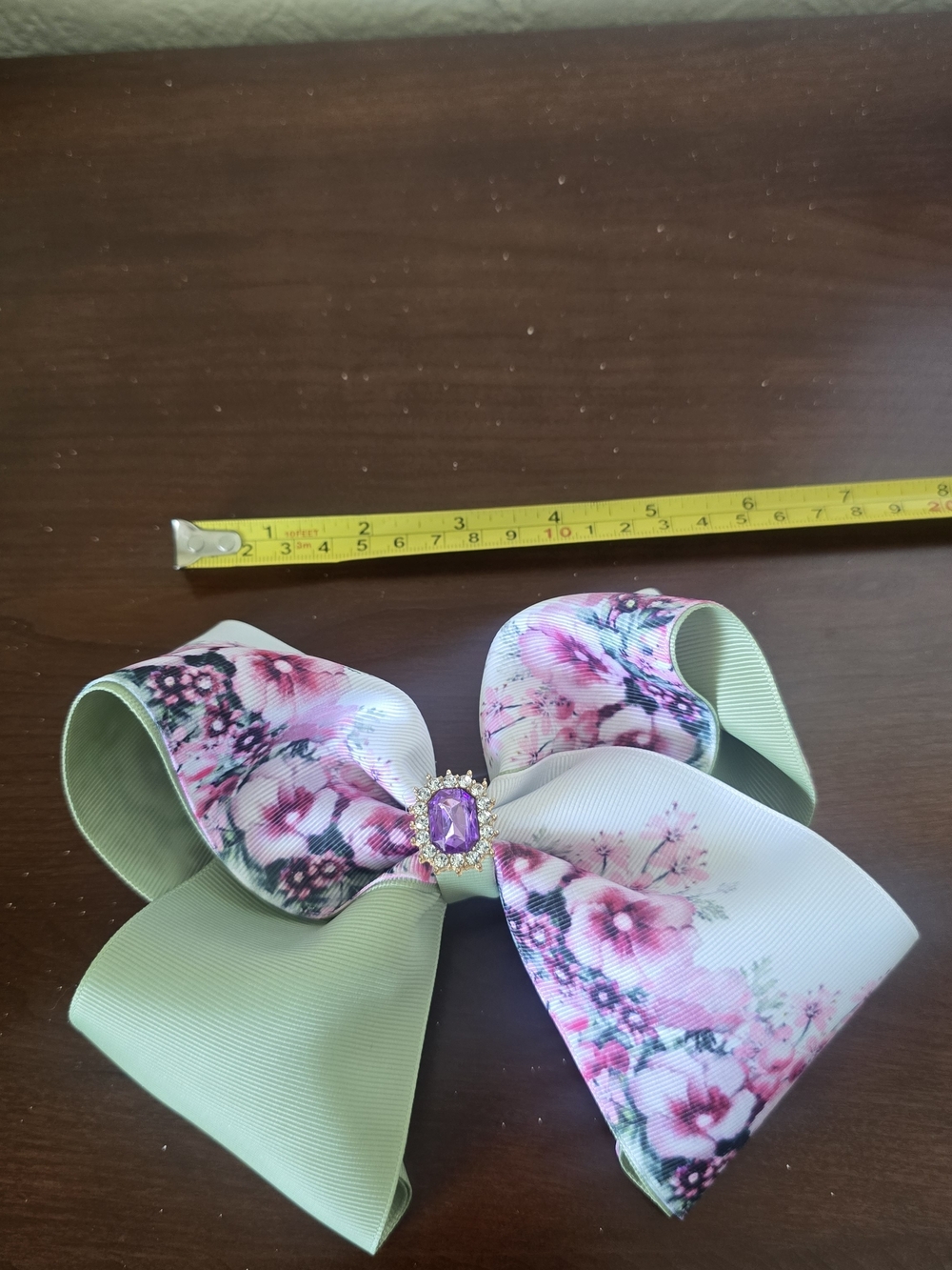 Handmade Large Sage Green and Floral Hair Bow with Purple Gem Accent